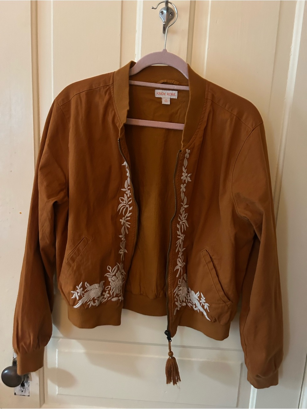 Knox Rose Tan Embroidered Bomber Jacket M